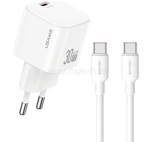 USAMS USAMS JO hálózati töltő Type-C aljzat 30W, PD gyorstöltő + Type-C kábel, FEHÉR