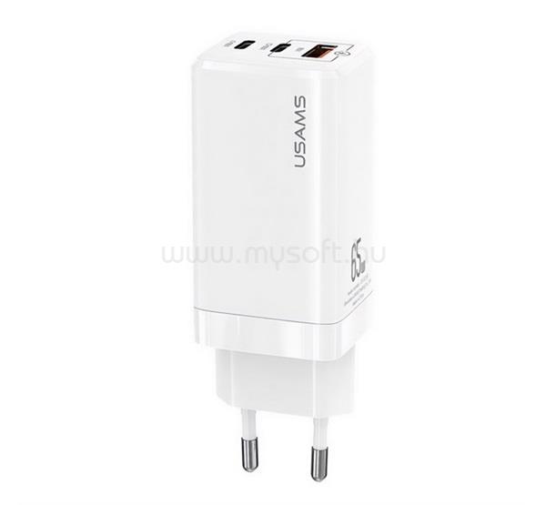 USAMS MT hálózati töltő 2 Type-C+USB aljzat 65W, PD gyorstöltő 3.0, FEHÉR