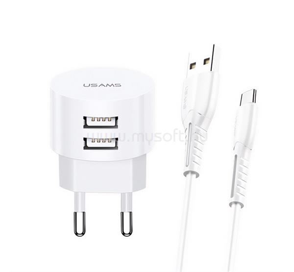 USAMS USAMS T20 hálózati töltő 2 USB aljzat 10W, gyorstöltő + Type-C kábel, FEHÉR