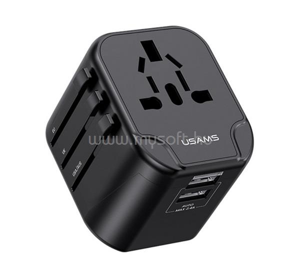 USAMS USAMS US-CC173 T55 utazó töltő 2 USB aljzat 12W, AU, FEKETE