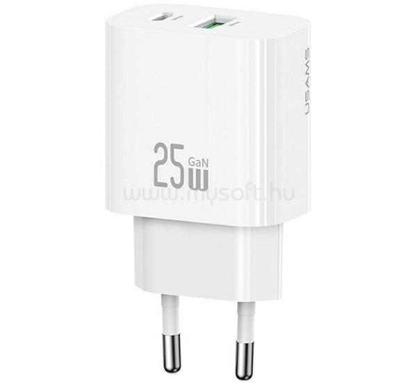 USAMS T65 hálózati töltő USB+Type-C aljzat 25W, PD gyorstöltő, FEHÉR