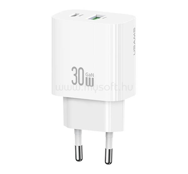USAMS USAMS T65 hálózati töltő USB+Type-C aljzat 30W, PD gyorstöltő, FEHÉR