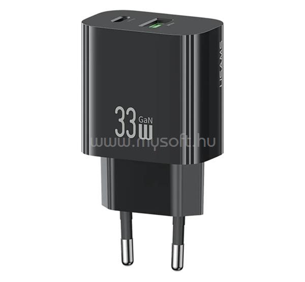 USAMS USAMS T65 hálózati töltő USB+Type-C aljzat 33W, PD gyorstöltő, FEKETE
