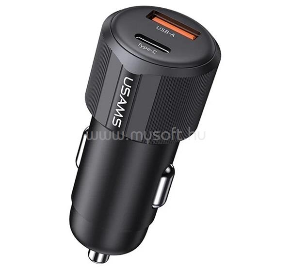 USAMS USAMS YT autós töltő USB+Type-C aljzat 60W, PD gyorstöltő, FEKETE