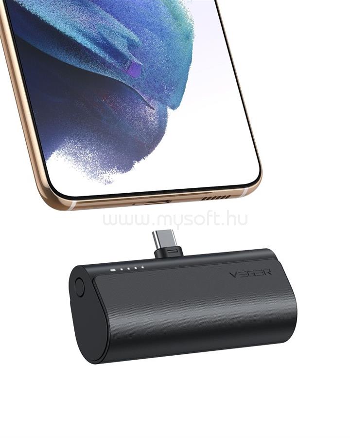 VEGER PlugOn (W0556/V0556) PD QC3.0 3A 20W 5000 mAh Power Bank beépített C típusú csatlakozóval, fekete