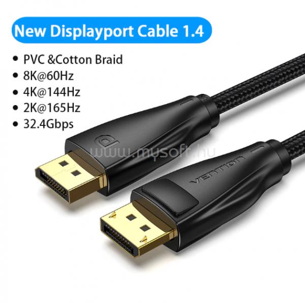 VENTION Displayport/M -> Displayport/M  (Szövet, fekete), 1m, kábel