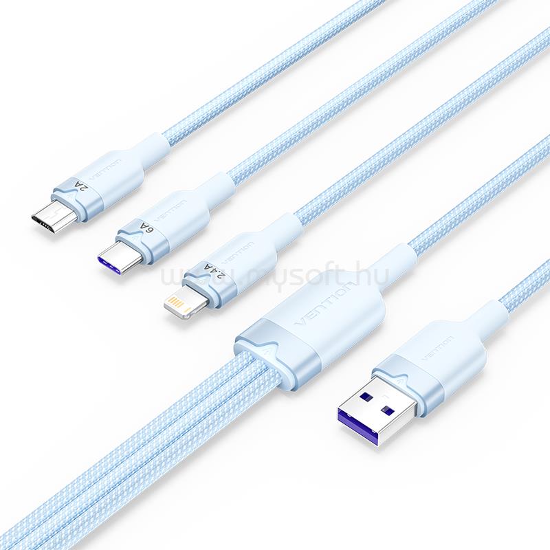 VENTION USB-A 2.0/M -> USB-C/Lightning/Micro USB-B, 1,5m,(kék,6A,3in1), kábel