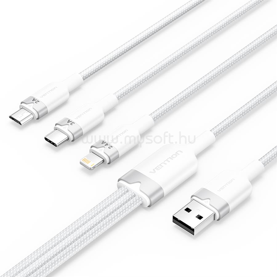 VENTION USB-A 2.0/M -> USB-C/Lightning/Micro USB-B, 1,5m,(fehér,3A,3in1), kábel