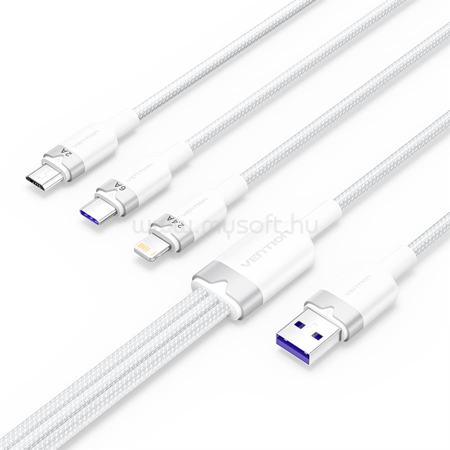 VENTION USB-A 2.0/M -> USB-C/Lightning/Micro USB-B, 1,5m,(fehér,6A,3in1), kábel