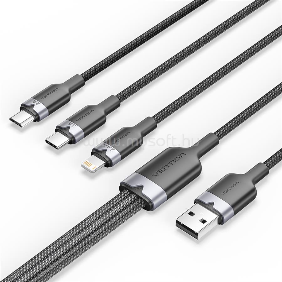 VENTION USB-A 2.0/M -> USB-C/Lightning/Micro USB-B, 1,5m,(fekete,3A,3in1), kábel