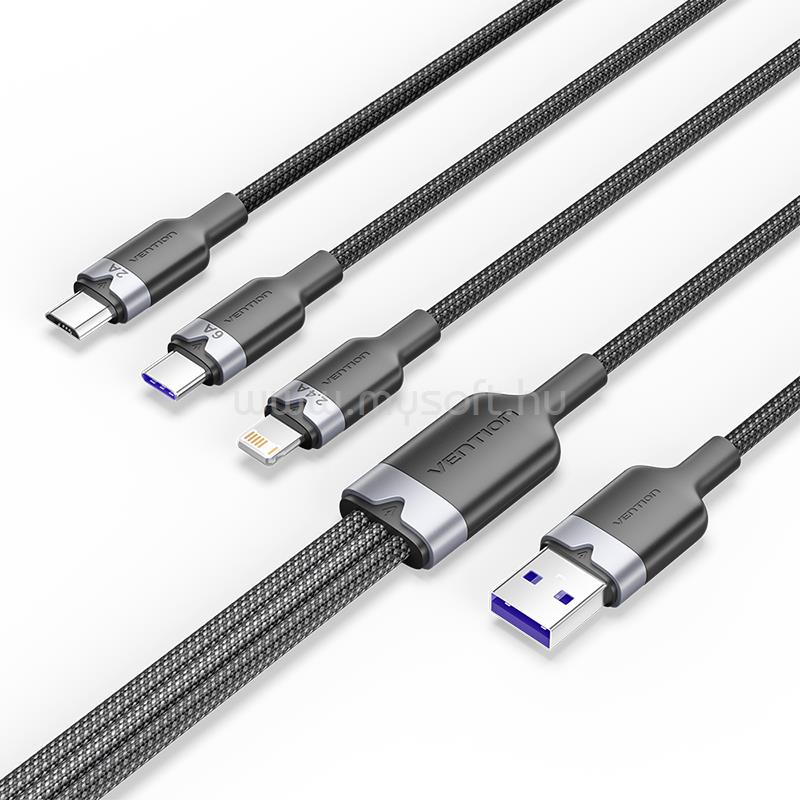 VENTION USB-A 2.0/M -> USB-C/Lightning/Micro USB-B, 1,5m,(fekete,6A,3in1), kábel