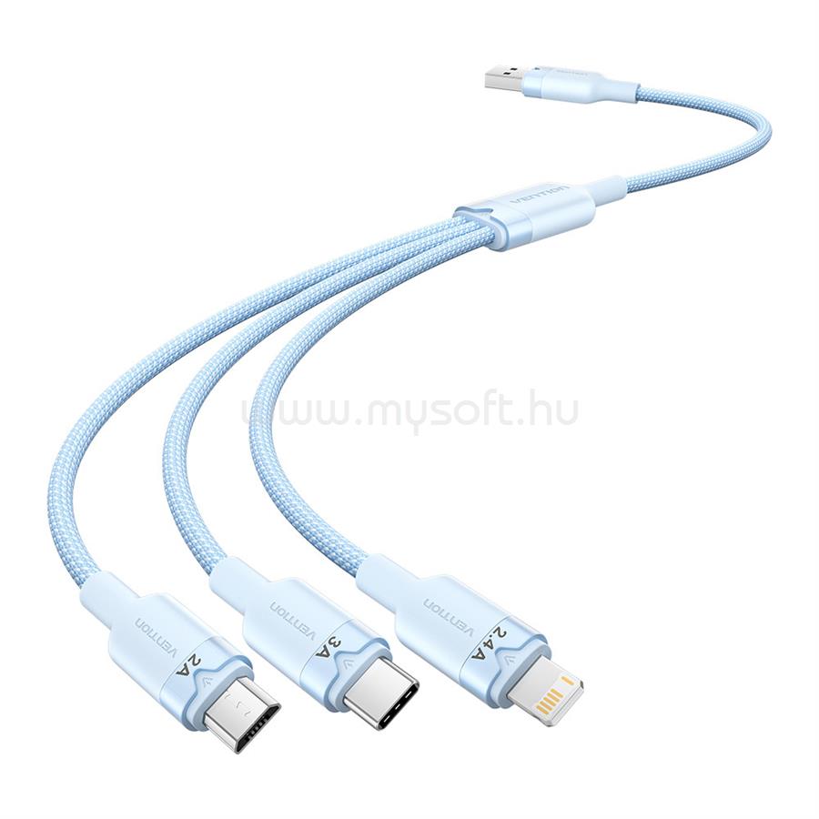 VENTION USB-A 2.0/M -> USB-C/Lightning/Micro USB-B, 1,5m,(kék,3A,3in1), kábel
