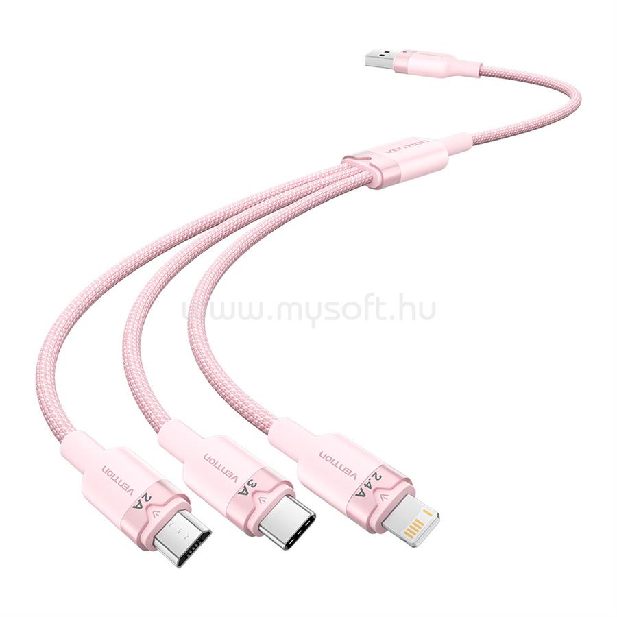 VENTION USB-A 2.0/M -> USB-C/Lightning/Micro USB-B, 1,5m,(rózsaszín,3A,3in1), kábel