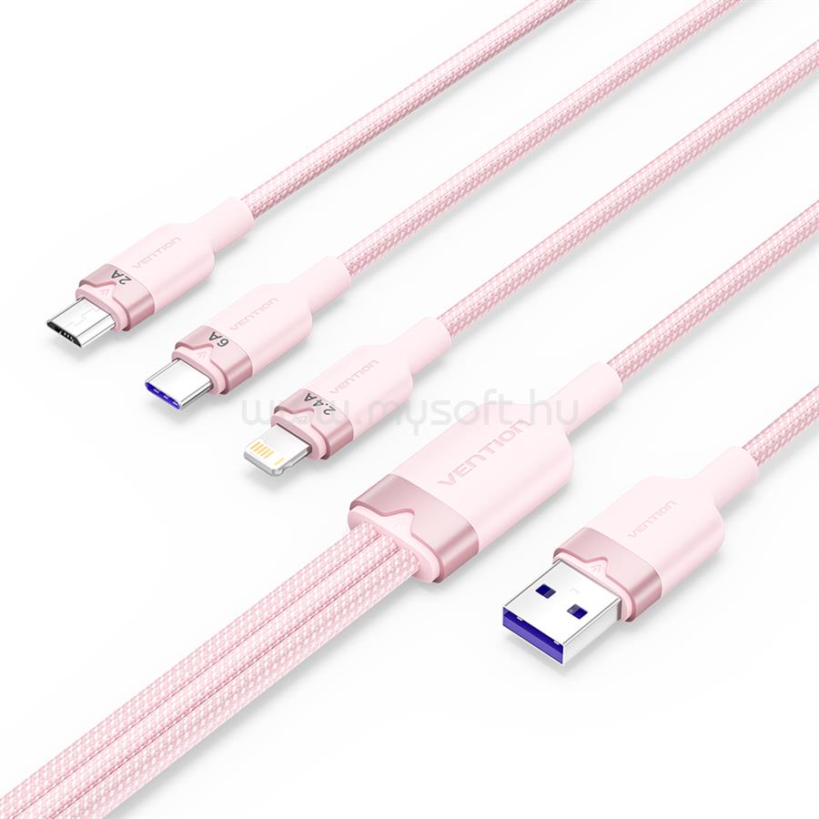 VENTION USB-A 2.0/M -> USB-C/Lightning/Micro USB-B, 1,5m,(rózsaszín,6A,3in1), kábel