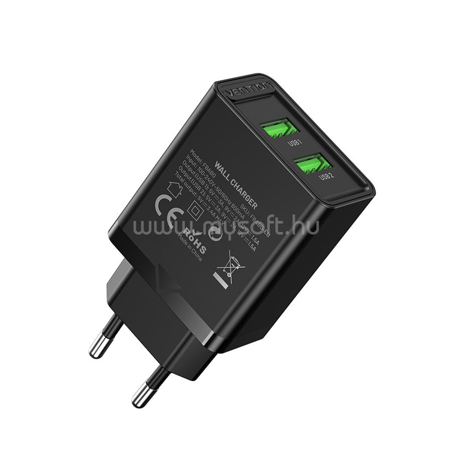 VENTION USB-A+A 2port, 18W/18W töltő (fekete)