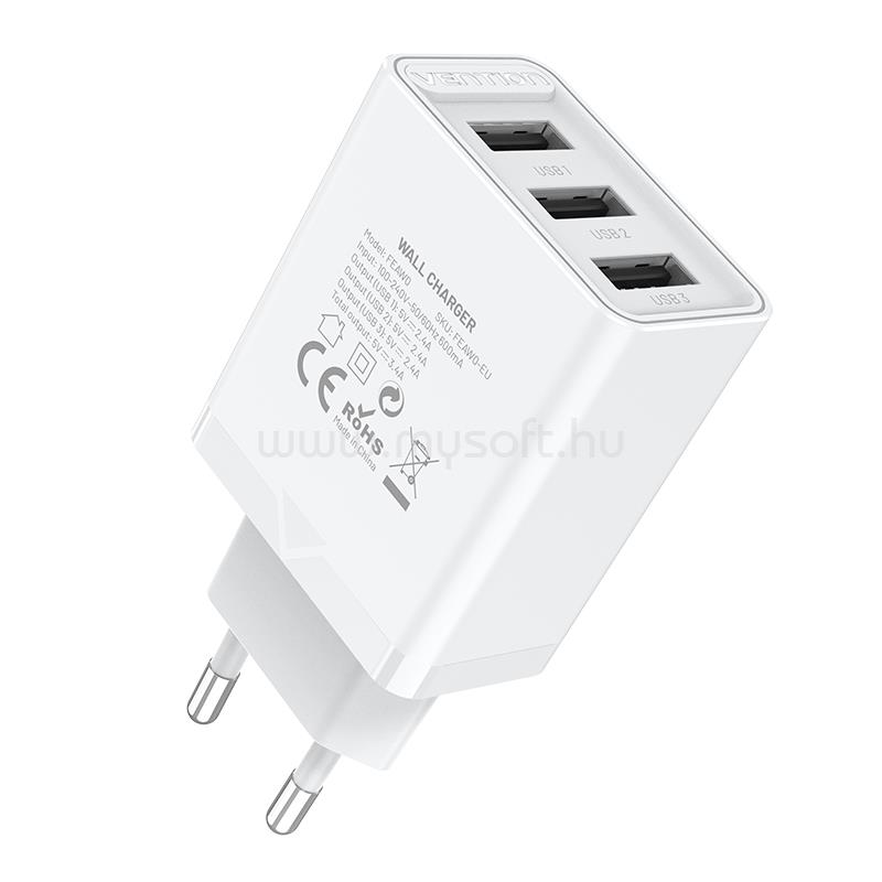 VENTION USB-A+A+A 12W/12W/12W, 3-portos töltő (fehér)