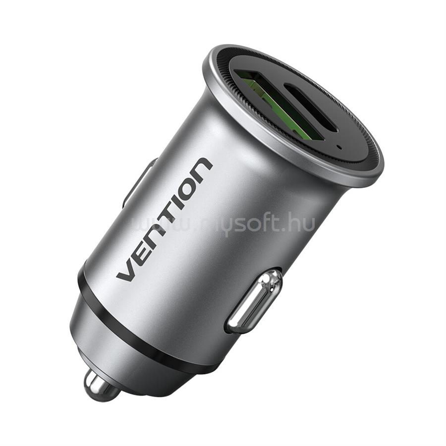 VENTION USB-A+C (2port,18/20W, szürke, szivargyújtós), töltő