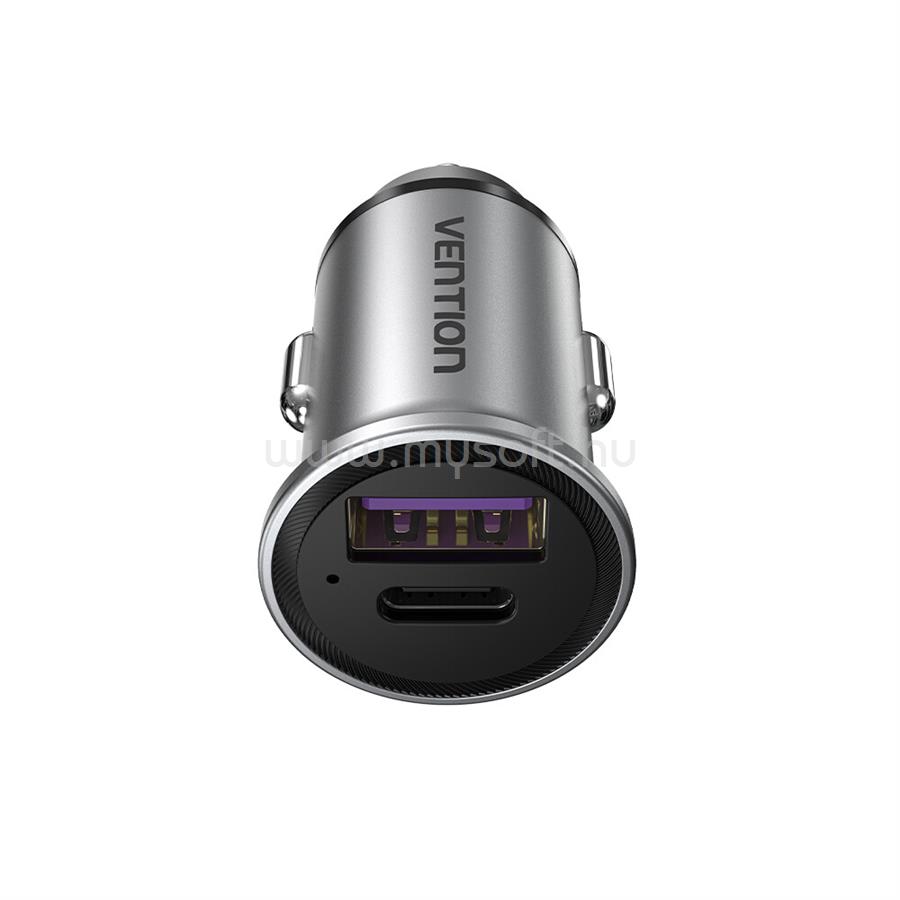 VENTION USB-A+C (2port,30W, szürke, szivargyújtós), töltő