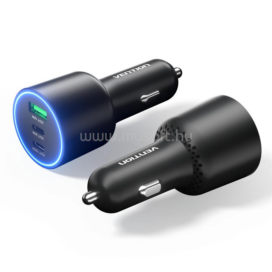 VENTION USB-A+C*2 (3port,100/30/18W, fekete,szivargyújtós), töltő