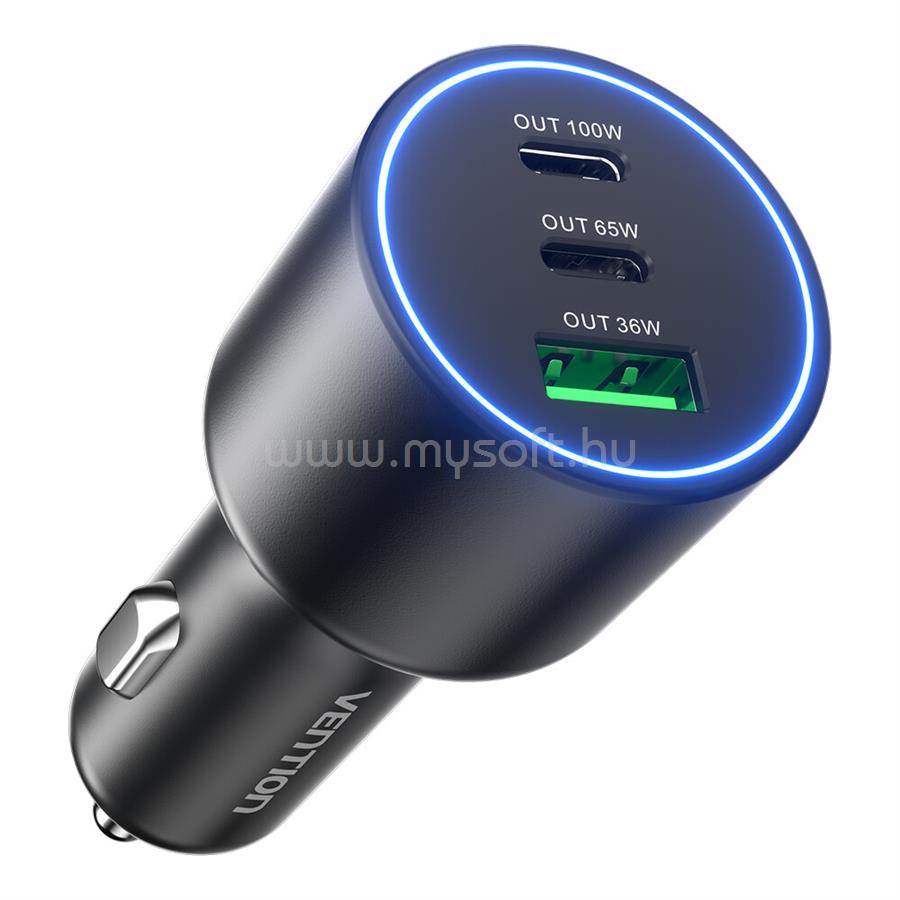 VENTION USB-A+C*2 (3port,100/75/36W, fekete,szivargyújtós), töltő
