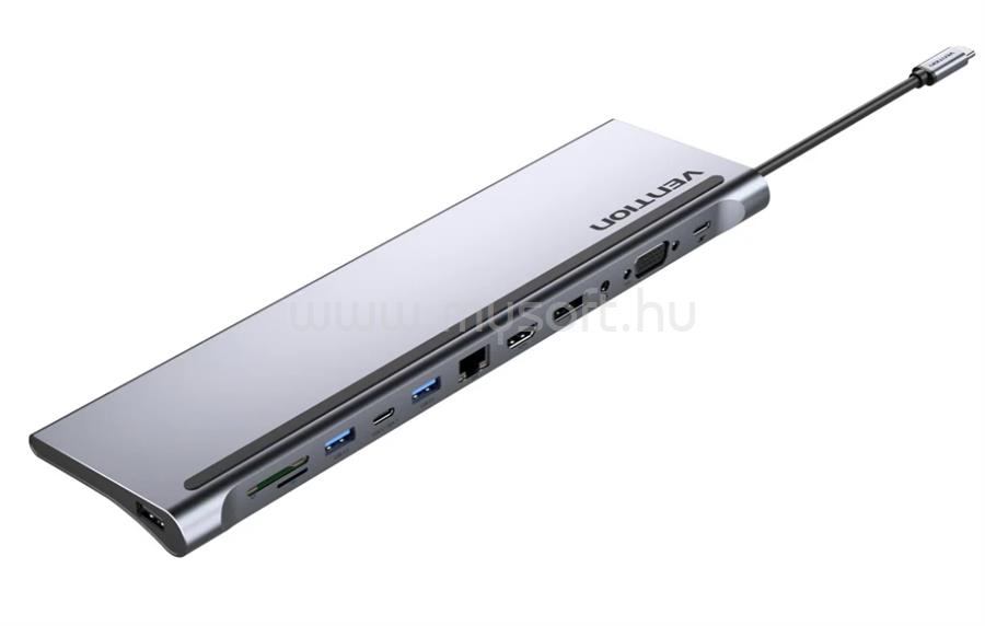 VENTION USB-C -> DP/HDMI/VGA/USB-C Gen 1/USB 3.0x2/USB 2.0/RJ45/SD/TF/TRRS 3.5mm/PD, 0,25m (12 az 1-ben, szürke aluminum ötvözet), dokkoló
