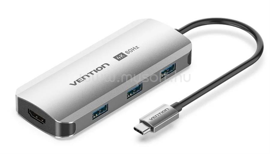 VENTION USB-C -> HDMI/USB 3.0 x3/PD (0,15m Szürke Aluminum Ötvözet) dokkoló