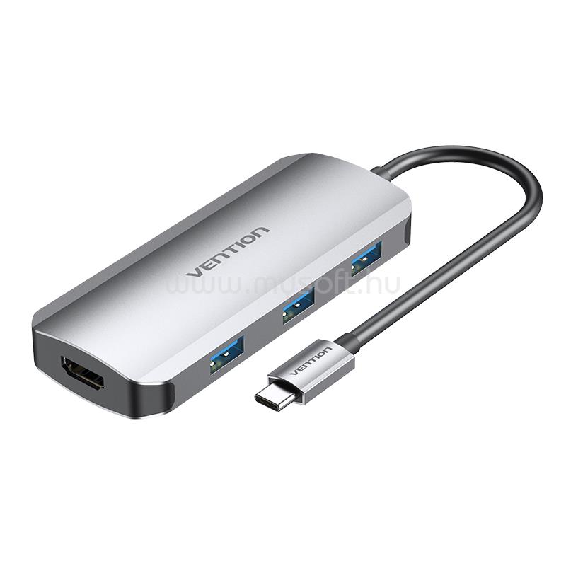 VENTION USB-C -> HDMI/USB 3.0x3/PD (0,15m Szürke Aluminum Ötvözet), dokkoló