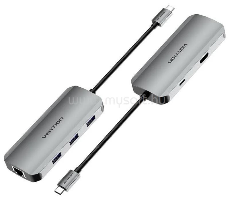 VENTION USB-C -> HDMI/USB 3.0x3/RJ45/PD dokkoló 0,15m aluminum ötvözet (szürke)