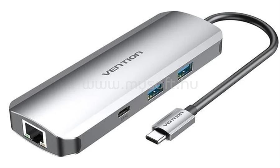 VENTION USB-C -> HDMI/USB-C Gen 1/USB3.0x2/RJ45/SD/TF/TRRS 3.5mm/PD 0,15m aluminum ötvözet dokkoló (szürke)