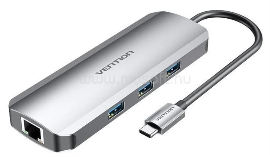 VENTION USB-C -> HDMI/USB3.0x3/RJ45/SD/TF/TRRS 3.5mm/PD 0,15m aluminum ötvözet dokkoló (szürke)