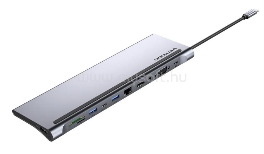 VENTION USB-C -> HDMI/VGA/USB-C Gen 1/USB 3.0x2/USB 2.0/RJ45/SD/TF/TRRS 3.5mm/PD 0,25m (11 az 1-ben, szürke, fémszerű), dokkoló