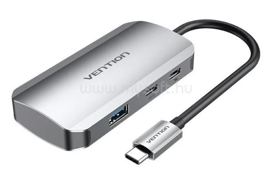 VENTION USB-C -> USB3.0*3/Gigabit Ethernet/PD, 0,15m fémszerű Hub (szürke)