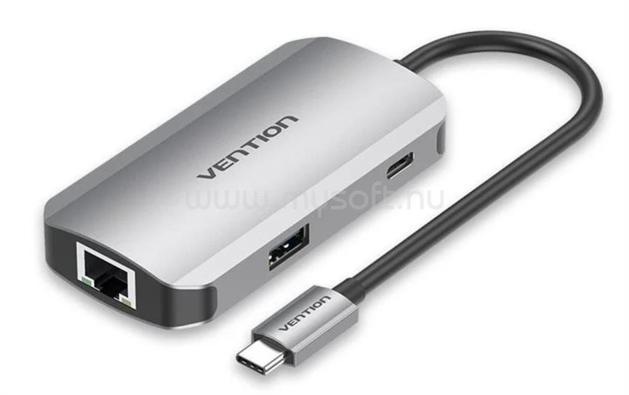 VENTION USB-C -> USB3.0x3/RJ45/PD Hub 0,15m aluminum ötvözet (szürke)