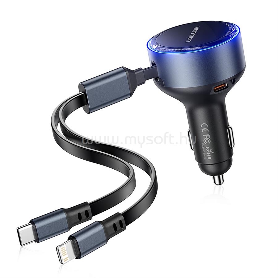 VENTION USB-C*2+Lightning (3port,30W, szivargyújtós), töltő