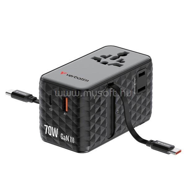 VERBATIM 30186 Charge n Travel 70W univerzális utazó adapter 2xUSB-C kábellel (fekete)