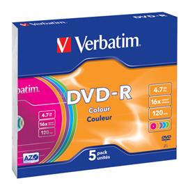 VERBATIM 43557 DVD-R 4,7GB/16x/színes írható felület/egyszer írható DVD 5db/csomag VERBATIM_43557 small