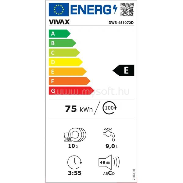 VIVAX DWB-451072D programok száma: 7, beépíthető, 10 terítékes mosogatógép