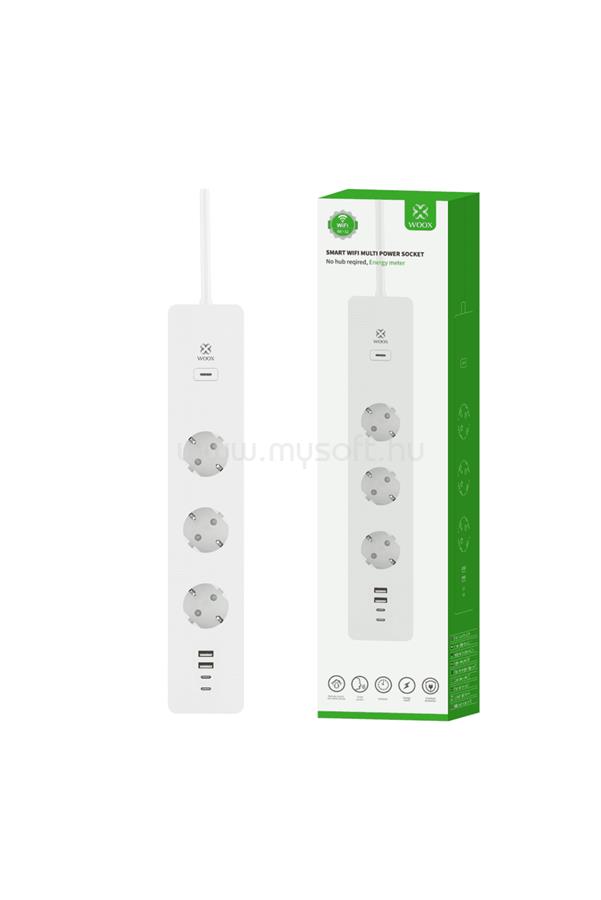 WOOX Smart Home Elosztó - R6132  (3 db Schuko, IP20, 16A, 2xUSB2.0, 2xUSBC, energiafogyasztás monitoring, 1,5m)