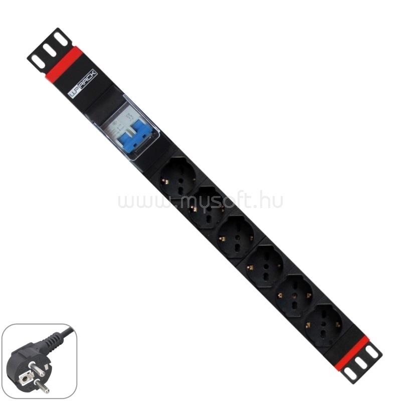 WP Multiple Socket for rack 19"- 6 Italian/Schuko sockets  with 2P circuit braker 1A/60A, 1 unit  - Schuko Plug
