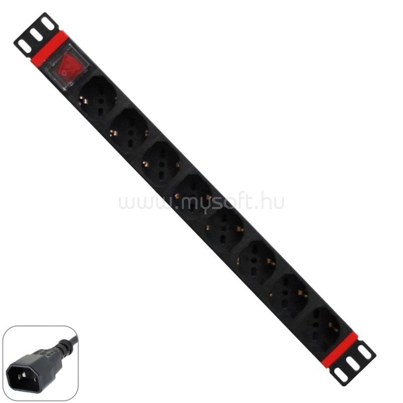 WP Multiple Socket for rack 19"- 8 Italian/Schuko sockets, with On/Off switch, 1 unit - IEC320 C14  Plug