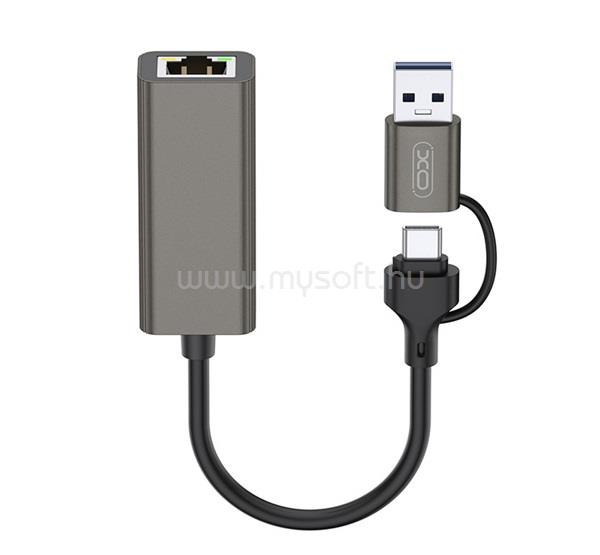 XO adapter kábel 2in1 Ethernet aljzat - Type-C/USB, 10cm, SÖTÉTSZÜRKE