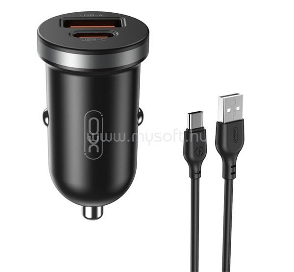 XO CC56 autós töltő USB+Type-C aljzat 30W, PD gyorstöltő + Type-C kábel, FEKETE