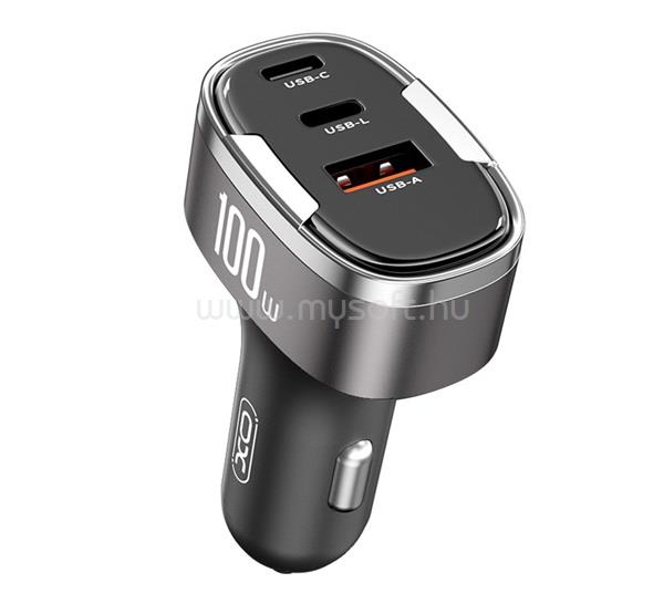 XO CC61 autós töltő USB+2 Type-C aljzat 100W, PD gyorstöltő + Lightning kábel, VILÁGOSSZÜRKE