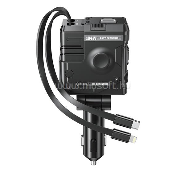 XO CC66 autós töltő USB+Type-C aljzat 104W, PD gyorstöltő + fix Type-C+Lightning kábel, FEKETE