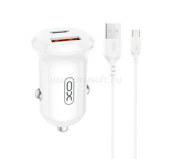XO CC69 autós töltő USB+Type-C aljzat 30W, PD gyorstöltő + Type-C kábel, FEHÉR