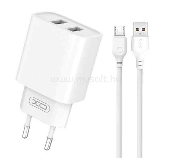 XO CE02C hálózati töltő 2 USB aljzat 10.5W, gyorstöltő + microUSB kábel, FEHÉR