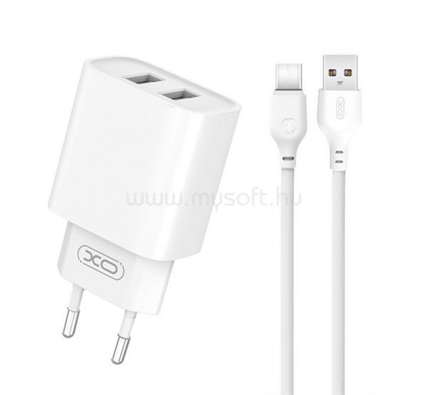 XO CE02C hálózati töltő 2 USB aljzat 10.5W, gyorstöltő + Type-C kábel, FEHÉR