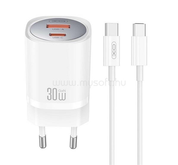 XO CE21 hálózati töltő USB+Type-C aljzat 30W, PD gyorstöltő 3.0 + Type-C kábel, FEHÉR