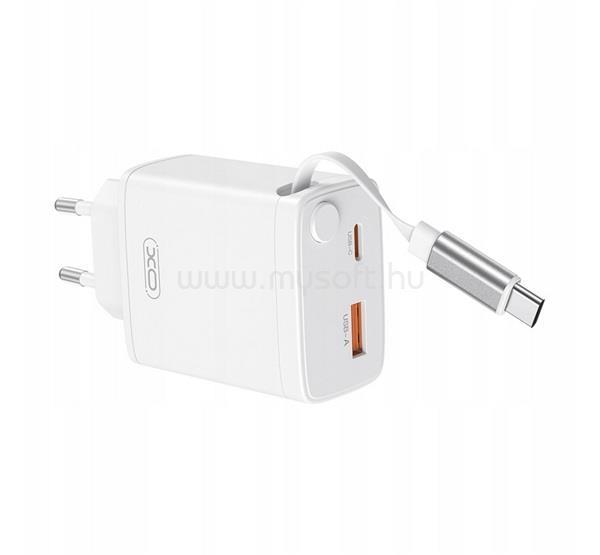 XO CE31 hálózati töltő USB+Type-C aljzat 30W, PD gyorstöltő 3.0 + fix csévélhető Type-C kábel, FEHÉR
