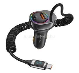 YED autós töltő USB+Type-C aljzat 30W, RGB + fix Type-C kábel, FEKETE US-CC192 small